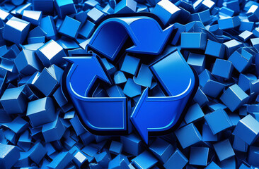 Electric blue recycling symbol encircled by azure cubes in a symmetrical pattern