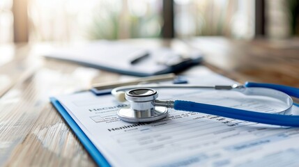 A close-up image of health insurance form on a clipboard. Medical and insurance concept. 