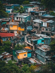 Luxurious villas stand alongside crumbling shanties, showcasing the stark divide between wealth and poverty in the urban landscape. Generative AI