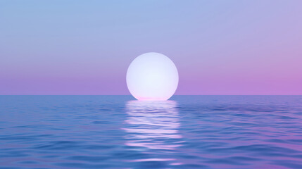 A 3D white moon with a glowing texture surface on beautiful relaxing wave wide ocean gradient night cinematic design purple blue dreamy background