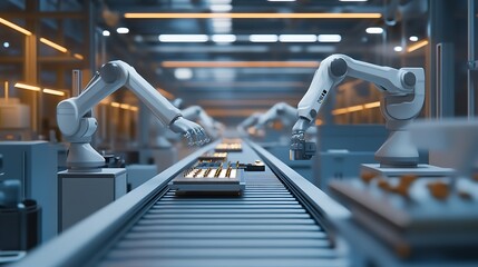 Poster - Modern Factory with Robotic Arms Assembling Electronic Components on a Conveyor Belt