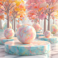 Wall Mural - Rainbow tree with colorful balls, soft tones create a pure atmosphere and are designed to resemble a dream scene.