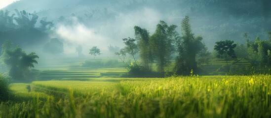 Wall Mural - Blurry Photos Of Natural Landscapes In Forests And Rice Fields That Look Very Fresh