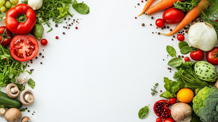 Healthy vegetarian food. Empty plate surrounded by different vegetables, mushrooms and fruits on white background, flat lay.