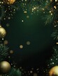 © Business Pics - Beautiful dark Christmas background with green and golden, shining decoration and empty space. Copy space for your text. Merry Xmas, Happy New Year. Festive backdrop.