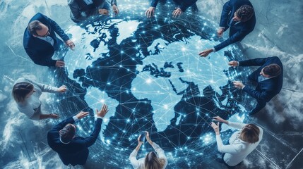 Poster - Business professionals collaborating around a digital world map in a modern office setting during a conference