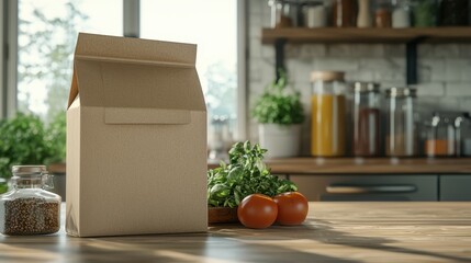 Kraft Paper Bag on Wooden Countertop in Kitchen Setting