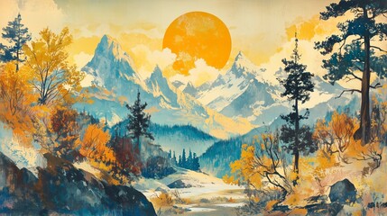 Poster - Vibrant autumn landscape featuring majestic mountains and a golden sun over a serene valley during sunset