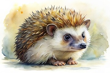 A delicate hedgehog prances across a watercolor wash of soft blues and greens, its quills shimmering with a subtle sheen.