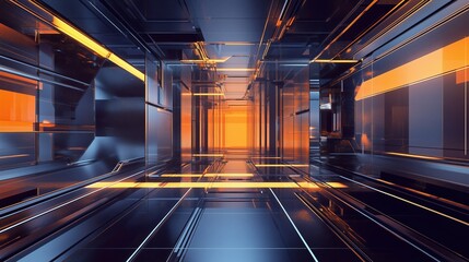 Poster - Modern abstract interior design with glowing lines and geometric shapes in a futuristic environment at twilight
