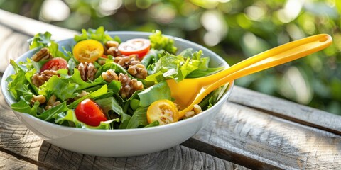 Poster - Vegan vegetable salad with cherry tomatoes green lettuce yam and walnuts served in a white bowl with a large yellow plastic spoon on a wooden table in the garden