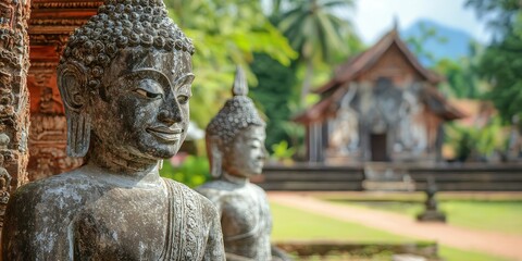 Wall Mural - Ancient Buddha Statue Close Up In Temple Grounds