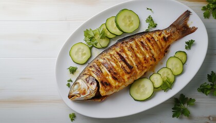 Wall Mural - Fish grilled healthy real food homemade with cucumber slice on white plate