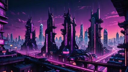 Wall Mural - Futuristic cyberpunk city with neon lights and skyscrapers.