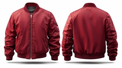 mockup front and back view of plain red maroon bomber jacket isolated clean white background