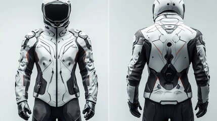 stunning futuristic white black motocycle jacket for male mockup with front and back views isolated clean white background