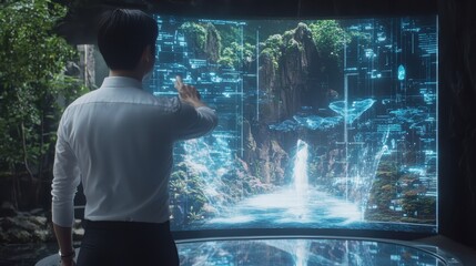 Wall Mural - man interacting with futuristic holographic interface showing waterfall and nature scene