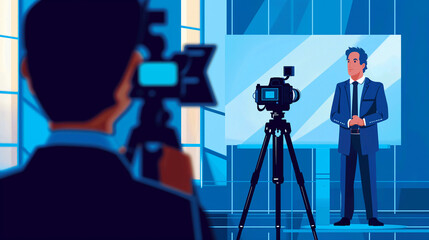 a camera on a tripod recording a businessman giving interview