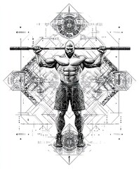 Wall Mural - A muscular figure lifting a barbell, surrounded by geometric patterns and designs.