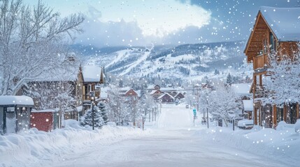 Wall Mural - Snow-Covered Mountain Village Street with Snowy Trees and Houses