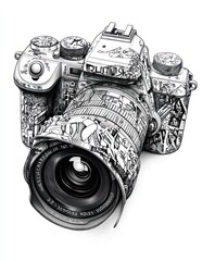 Sticker - An intricately designed camera featuring detailed illustrations.