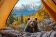 © Khawla - POV from a camping tent: A grizzly bear is looking inside a tent, with a scenic view of the mountains in the autumn