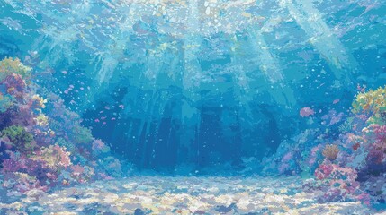 Sticker - Underwater Coral Reef Scene with Sunlight and Bubbles