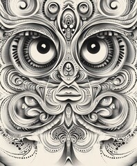 Sticker - An intricate black-and-white illustration featuring stylized eyes and abstract facial elements.