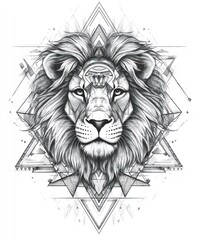 Wall Mural - A detailed black and white illustration of a lion's head with geometric shapes.