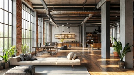 Wall Mural - Modern Industrial Loft Living Room with Exposed Brick and Large Windows