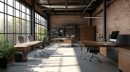 Modern Industrial Office Space with Two Desks and Brick Walls