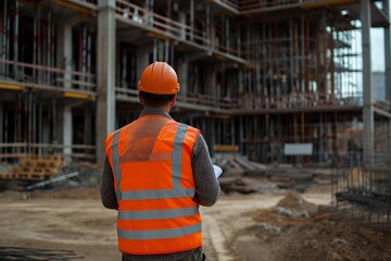 An engineer wearing an orange safety vest and holding paper 