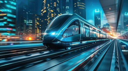 High Speed Modern Train in a Futuristic City: Sci-Fi Background Illustration