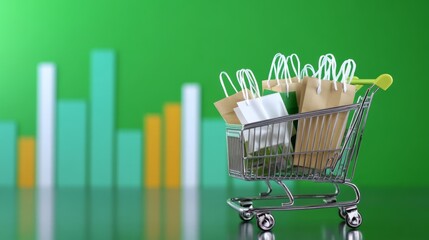 Circular economy, green shopping, green bags, green packaging, stocks, background, shopping cart paper shopping bags, purchasing, cart, shopping, buy, trolley, market, basket, shopping cart, business,