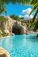 Poster - Tropical Resort Pool with Waterfall and Palm Trees