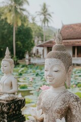 Poster - Buddha Statue with Lotus Flower in Temple Garden