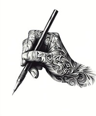 Poster - A detailed illustration of a hand holding a pen, showcasing intricate tattoo designs.