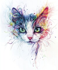 Poster - A colorful artistic representation of a cat's face with vibrant patterns and details.