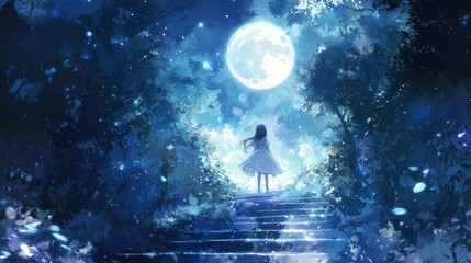 Poster - Woman in White Dress Ascending Steps Under a Full Moon in a Magical Forest