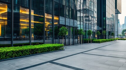 Poster - Modern Glass Office Building Facade with Greenery and Sidewalk