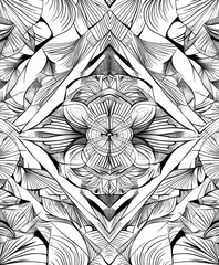 Poster - A detailed black-and-white symmetrical pattern featuring intricate floral and geometric designs.