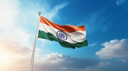 Wall Mural - A flag of India is flying high in the sky