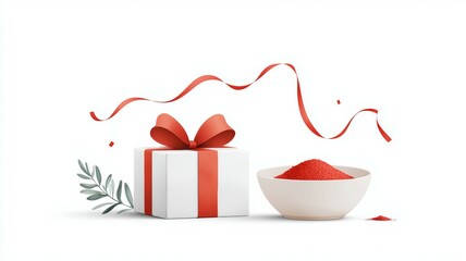 Sticker - A white box with a red ribbon sits next to a white bowl filled with red powder