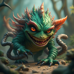 Wall Mural - Lifelike 3D fantasy animal with a stylized smile, twisted armor and fiery emerald eyes in a fantasy world of mystical creatures (38)