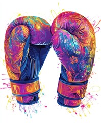 Canvas Print - Colorful boxing gloves with a vibrant design and splashes of color.