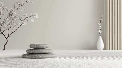 Canvas Print - Zen Garden with Stacked Stones  White Sand and Blossoms