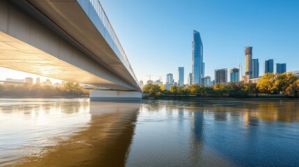 Poster - Modern Bridge Over River with City Skyline at Sunset