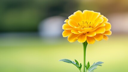 A yellow flower with a green stem is in the foreground