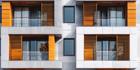 Poster - Contemporary architectural designs A residential building facade featuring modern geometric details on a sunny summer day