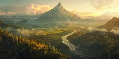 Canvas Print - Aerial view of a mountain peak and dense forest by a river during a summer evening with clouds yellow hues and a low horizon